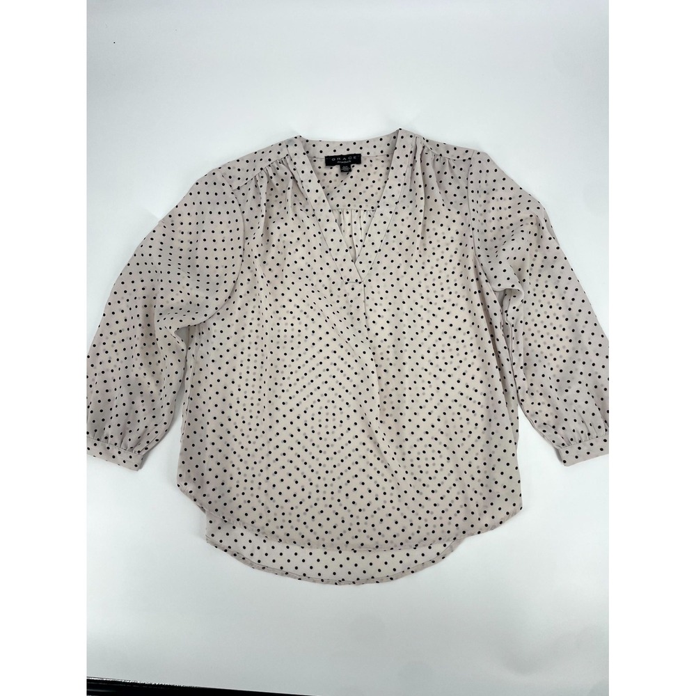 GRACE The Perfect Fit Blouse Womens S White Polka Dot V-Neck Pleated Hi-Low Hem